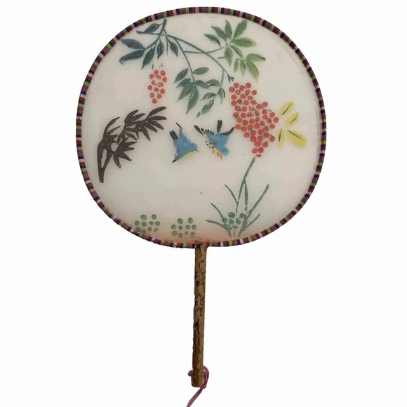 Vintage Chinese 8”x8” Round Silkscreen Hand Fan With 4.5” Bamboo Handle 8x8 - Picture 1 of 4